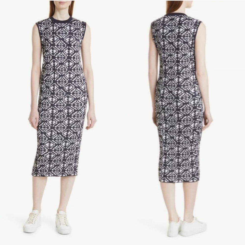 BOSS Nwot Feyres Geo Pattern Ribbed Sheath Sleeveless Dress Midnight Fantasy XL